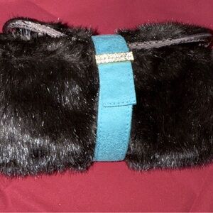 Stephanie Johnson Black Faux Fur Cosmetic Travel Roll Bag Rhinestone Accent